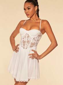 SHEIN BAE Đầm Lộ Lưng Tương phản ren Chi tiết cốc màu trơn Gợi cảm - trắng - Xem 7