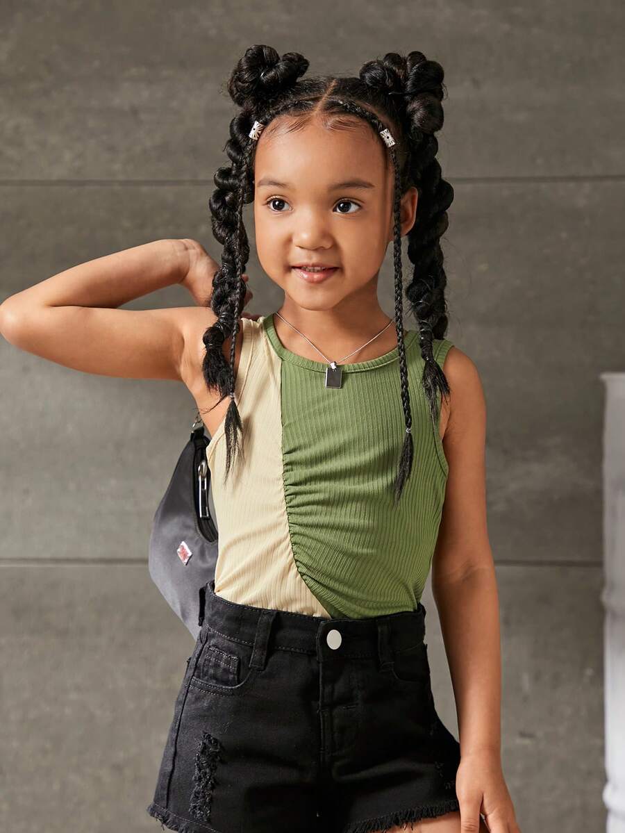 SHEIN Toddler Girls Two Tone Ruched Front Tank Top - Multicolor - View 1