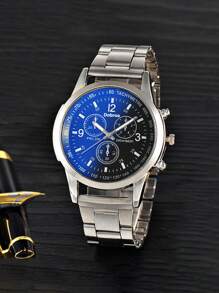 1pc Men Silver Stainless Steel Strap Business Round Dial Quartz Watch, For Daily Life - Black - View 1