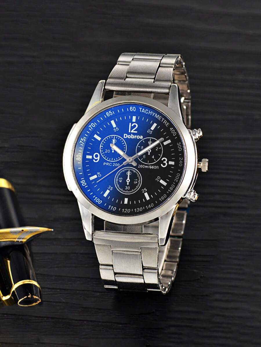1pc Men Silver Stainless Steel Strap Business Round Dial Quartz Watch, For Daily Life - Black - View 1