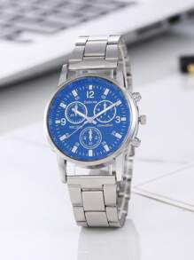 1pc Men Silver Stainless Steel Strap Business Round Dial Quartz Watch, For Daily Life - Black - View 2