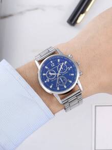 1pc Men Silver Stainless Steel Strap Business Round Dial Quartz Watch, For Daily Life - Black - View 3