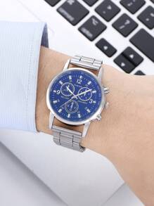 1pc Men Silver Stainless Steel Strap Business Round Dial Quartz Watch, For Daily Life - Black - View 4