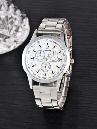 1入組男士銀色不銹鋼錶帶商務圓形錶盤石英手錶，適合日常生活