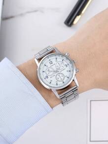 1入組男士銀色不銹鋼錶帶商務圓形錶盤石英手錶，適合日常生活 - 白色 - 查看 2