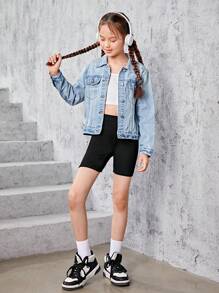 SHEIN 少女波希米亞風格街頭中藍色破洞牛仔外套，女孩日常時尚裝扮