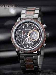 BOBOBIRD 1pc Men Two Tone Zinc Alloy Strap Fashion Water Resistant Round Dial Mechanical Watch, For Daily Life - Black - View 2