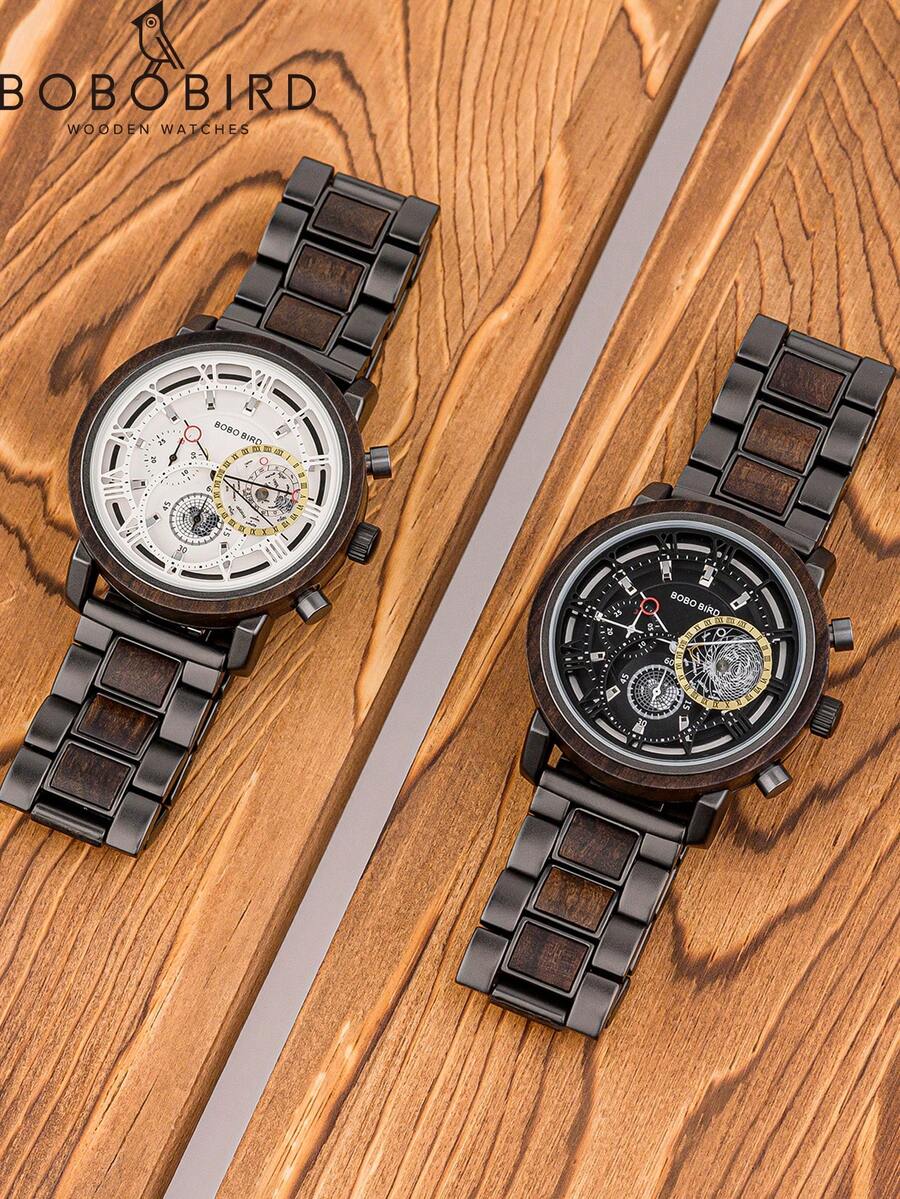 BOBOBIRD 1pc Men Two Tone Zinc Alloy Strap Fashion Water Resistant Round Dial Mechanical Watch, For Daily Life - Black - View 1