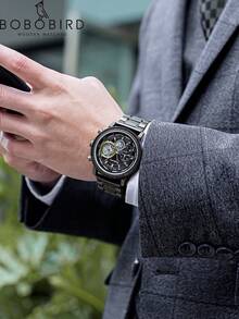 BOBOBIRD 1pc Men Two Tone Zinc Alloy Strap Fashion Water Resistant Round Dial Mechanical Watch, For Daily Life - Black - View 3