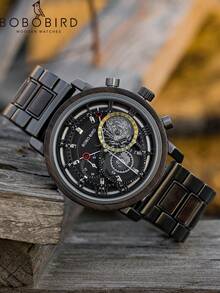 BOBOBIRD 1pc Men Two Tone Zinc Alloy Strap Fashion Water Resistant Round Dial Mechanical Watch, For Daily Life - Black - View 4