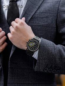 BOBOBIRD 1pc Men Two Tone Zinc Alloy Strap Fashion Water Resistant Round Dial Mechanical Watch, For Daily Life - Black - View 9