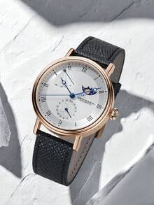 SEA-GULL 1pc Black Lizard Embossed PU Polyurethane Strap Fashion Round Dial Mechanical Watch, For Daily Life - Silver - View 4