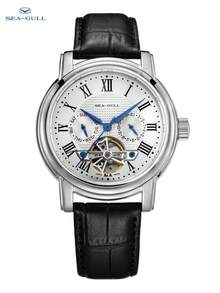 SEA-GULL 1pc Black Crocodile Embossed PU Polyurethane Strap Business Round Dial Skeleton Mechanical Watch, For Daily Life - White - View 1