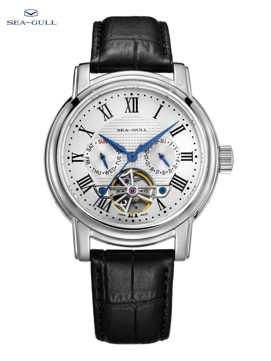 SEA-GULL 1pc Black Crocodile Embossed PU Polyurethane Strap Business Round Dial Skeleton Mechanical Watch, For Daily Life - White - View 1