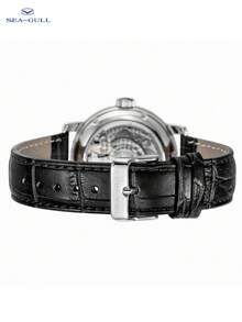 SEA-GULL 1pc Black Crocodile Embossed PU Polyurethane Strap Business Round Dial Skeleton Mechanical Watch, For Daily Life - White - View 2