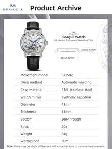 SEA-GULL 1pc Black Crocodile Embossed PU Polyurethane Strap Business Round Dial Skeleton Mechanical Watch, For Daily Life - White - View 3