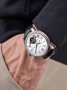 SEA-GULL 1pc Black Crocodile Embossed PU Polyurethane Strap Business Round Dial Skeleton Mechanical Watch, For Daily Life - White - View 7