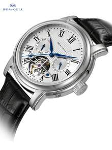 SEA-GULL 1pc Black Crocodile Embossed PU Polyurethane Strap Business Round Dial Skeleton Mechanical Watch, For Daily Life - White - View 9