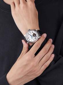 SEA-GULL 1pc Black Crocodile Embossed PU Polyurethane Strap Business Round Dial Skeleton Mechanical Watch, For Daily Life - White - View 12