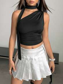 SHEIN ICON Y2k Fall Women Clothes Women's Sleeveless Textured Fabric Halter Neck Tie Decor Blouse - Black - View 4