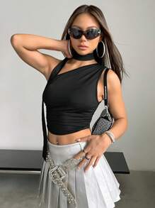 SHEIN ICON Y2k Fall Women Clothes Women's Sleeveless Textured Fabric Halter Neck Tie Decor Blouse - Black - View 5