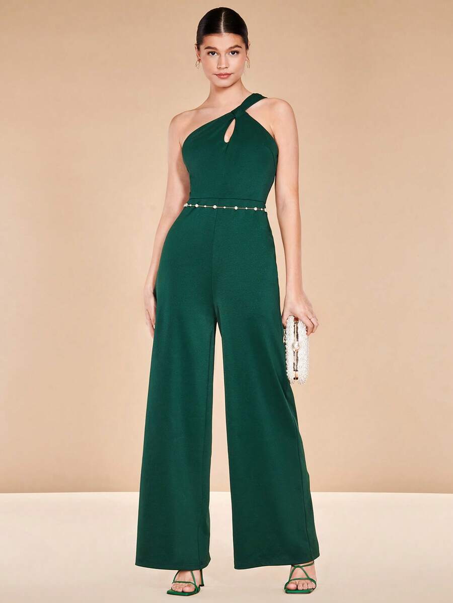 SHEIN Belle 單肩鏤空闊腿連體褲不附腰帶 - 墨綠色 - 查看 1