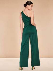 SHEIN Belle 單肩鏤空闊腿連體褲不附腰帶 - 墨綠色 - 查看 3