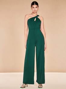 SHEIN Belle 單肩鏤空闊腿連體褲不附腰帶 - 墨綠色 - 查看 5