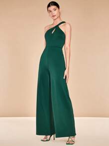 SHEIN Belle 單肩鏤空闊腿連體褲不附腰帶 - 墨綠色 - 查看 6