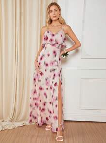 SHEIN Belle Allover Print Split Thigh Chiffon Bridesmaid Dress - Multicolor - View 3