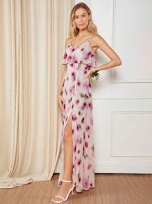 SHEIN Belle Allover Print Split Thigh Chiffon Bridesmaid Dress - Multicolor - View 7