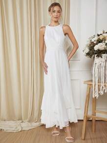 SHEIN Belle 素色蕾絲拼接超長婚紗連衣裙不附面紗 - 白色 - 查看 3