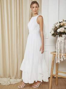 SHEIN Belle 素色蕾絲拼接超長婚紗連衣裙不附面紗 - 白色 - 查看 6