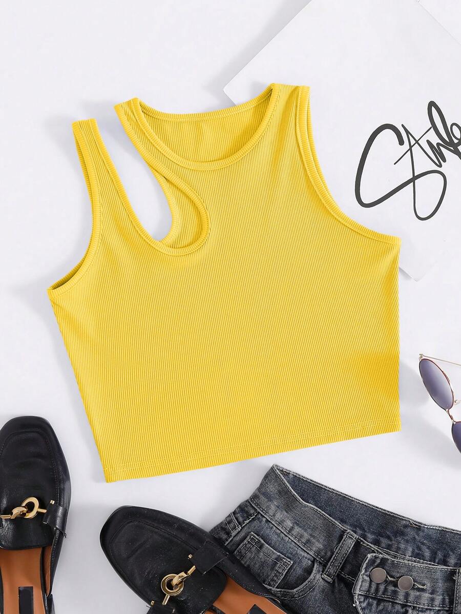 INAWLY 休閒實心鉤花肩肋織背心,適合夏季 - 黃色 - 查看 1