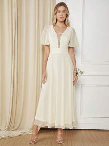 SHEIN Belle Butterfly Sleeve Mesh Overlay Bridesmaid Dress - Beige - View 1