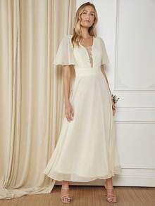 SHEIN Belle Butterfly Sleeve Mesh Overlay Bridesmaid Dress - Beige - View 4