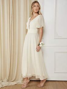 SHEIN Belle Butterfly Sleeve Mesh Overlay Bridesmaid Dress - Beige - View 5