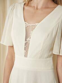 SHEIN Belle Butterfly Sleeve Mesh Overlay Bridesmaid Dress - Beige - View 6