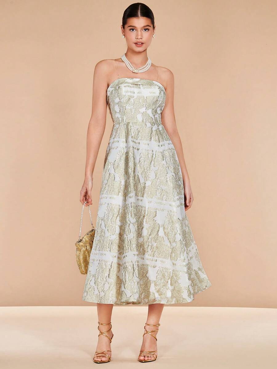 SHEIN Belle 提花抹胸連衣裙 - 香檳色 - 查看 1