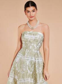 SHEIN Belle 提花抹胸連衣裙 - 香檳色 - 查看 6