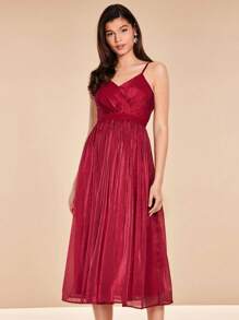 SHEIN Belle 素色百褶下擺吊帶連衣裙 - 紅色 - 查看 1