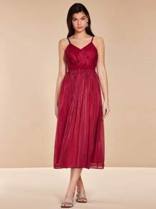 SHEIN Belle 素色百褶下擺吊帶連衣裙 - 紅色 - 查看 3