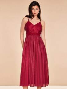 SHEIN Belle 素色百褶下擺吊帶連衣裙 - 紅色 - 查看 4