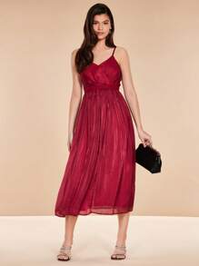 SHEIN Belle 素色百褶下擺吊帶連衣裙 - 紅色 - 查看 5