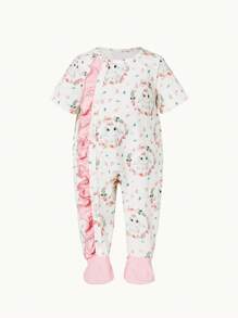 SHEIN Newborn Baby Floral & Rabbit Print Ruffle Trim Footed PJ Set With Handband & Gloves & Storage Bag - Multicolor - View 4