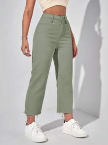 Solid Raw Hem Cropped Jeans - Mint Green - View 1