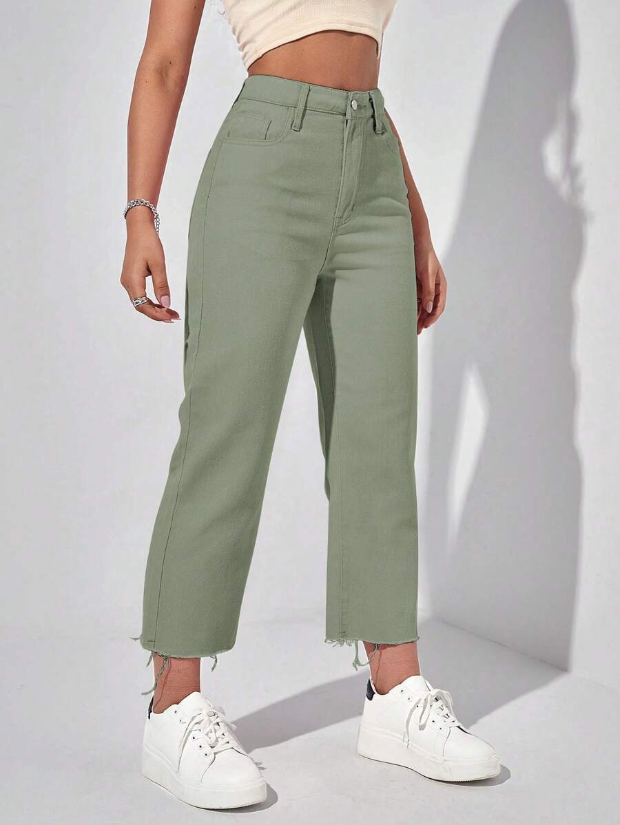 Solid Raw Hem Cropped Jeans - Mint Green - View 1