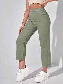 Solid Raw Hem Cropped Jeans - Mint Green - View 3