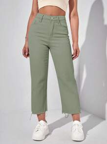 Solid Raw Hem Cropped Jeans - Mint Green - View 4