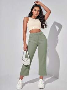 Solid Raw Hem Cropped Jeans - Mint Green - View 5